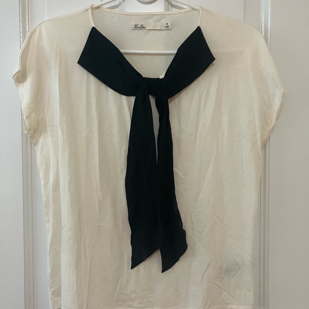 Madewell "Le Lis" Cream Blouse with Black Tie Detail - Size M